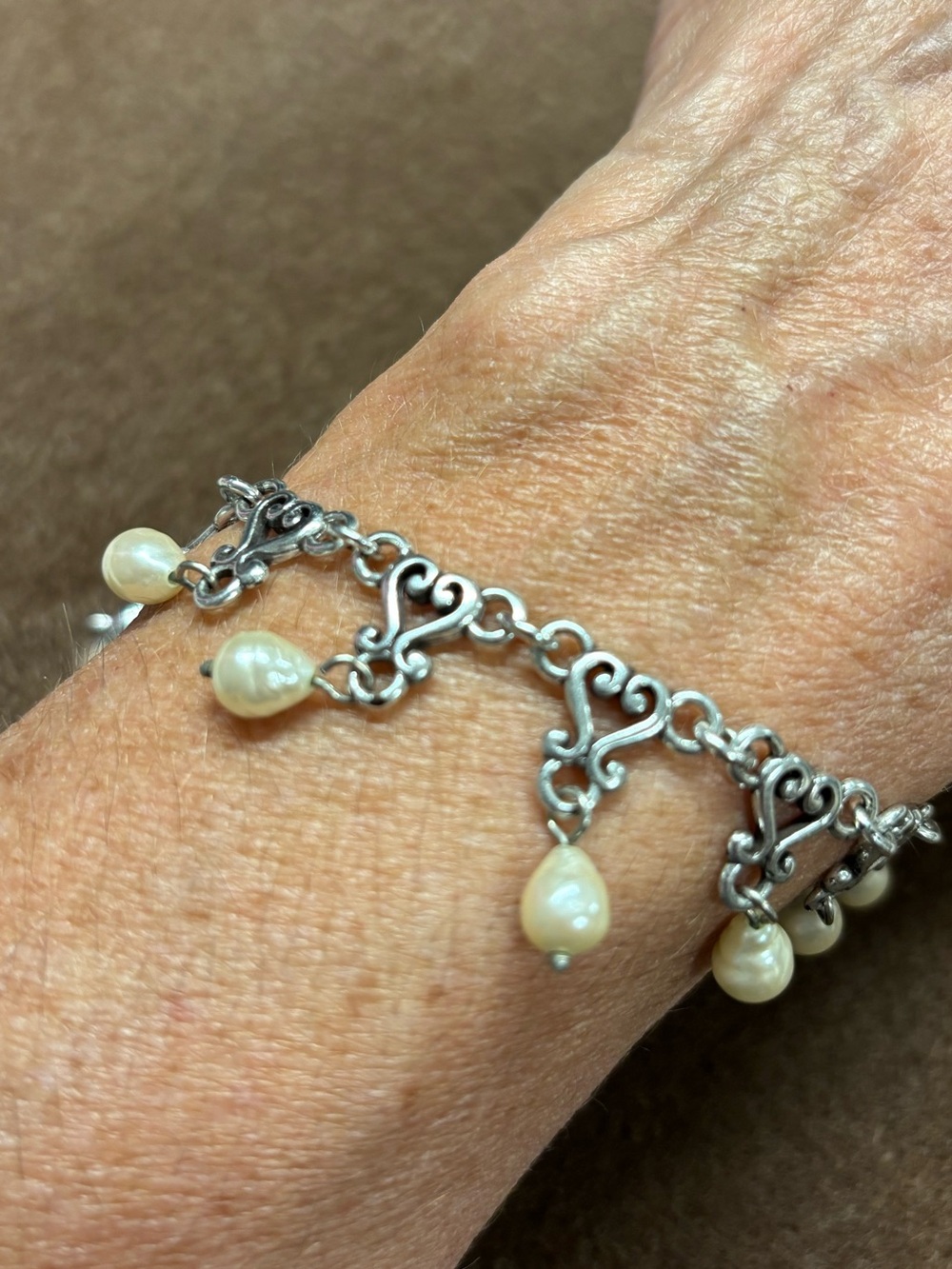Brighton Silver Heart Link Bracelet with Cream Pearl Drops